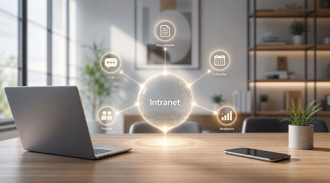 Small Business Intranet dashboard and digital workplace icons displayed above a modern office desk.