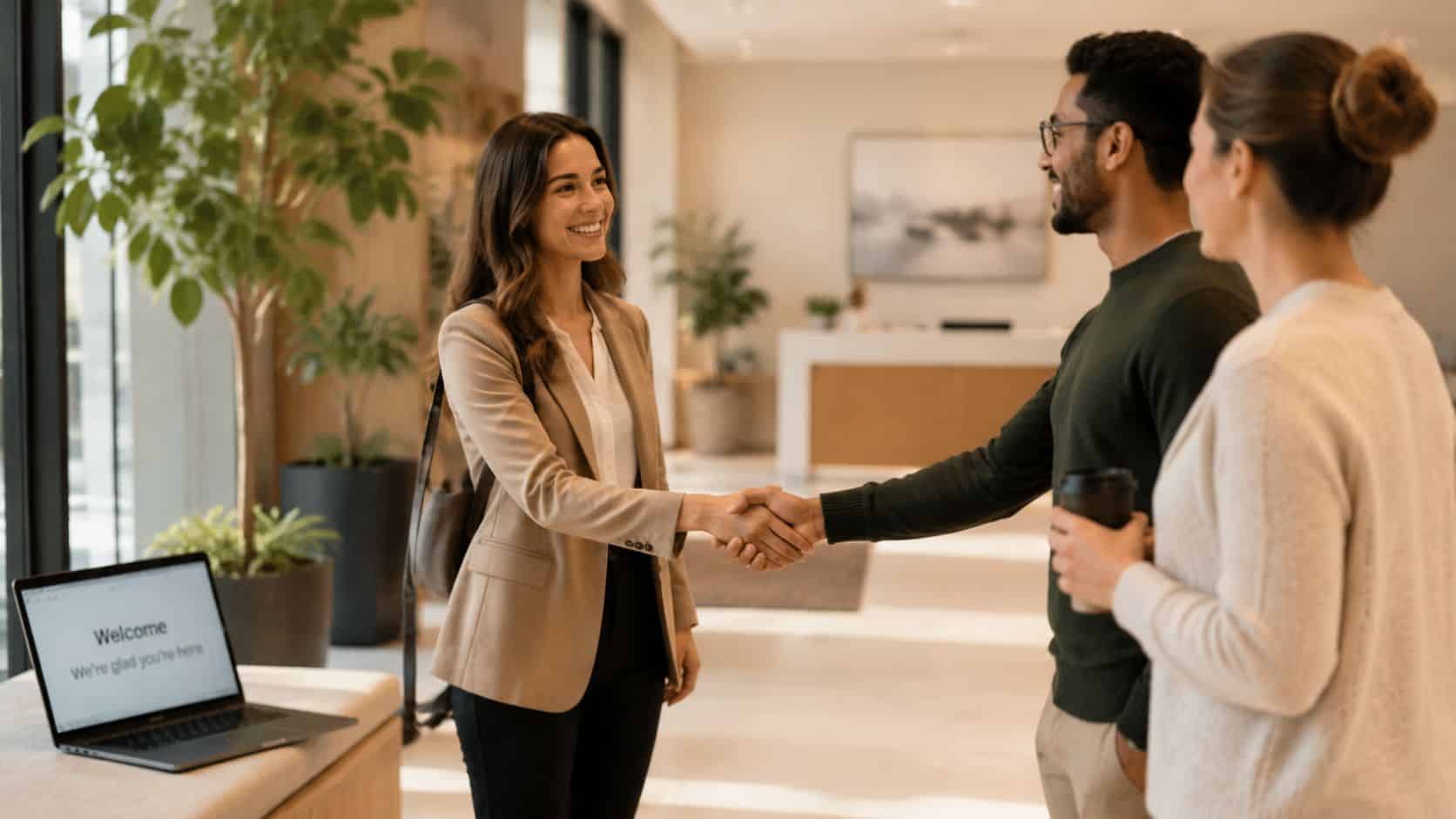 A professional woman shakes hands with a man as they meet in a bright office reception area.