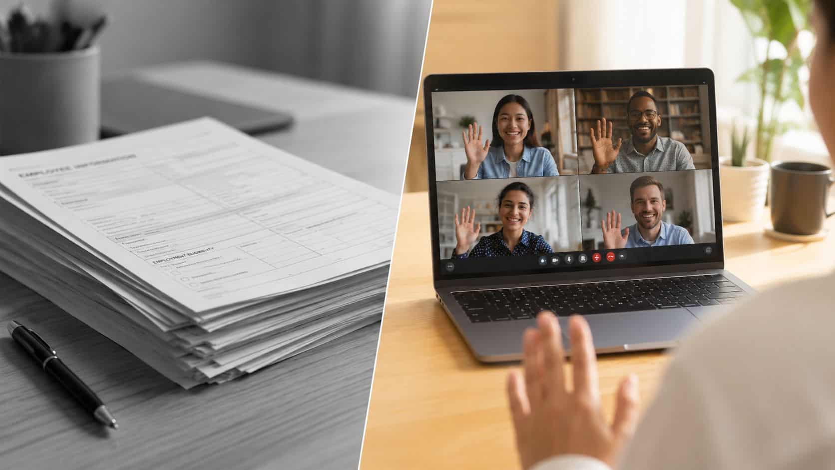 A person participates in a virtual video call while looking at a stack of employment paperwork.