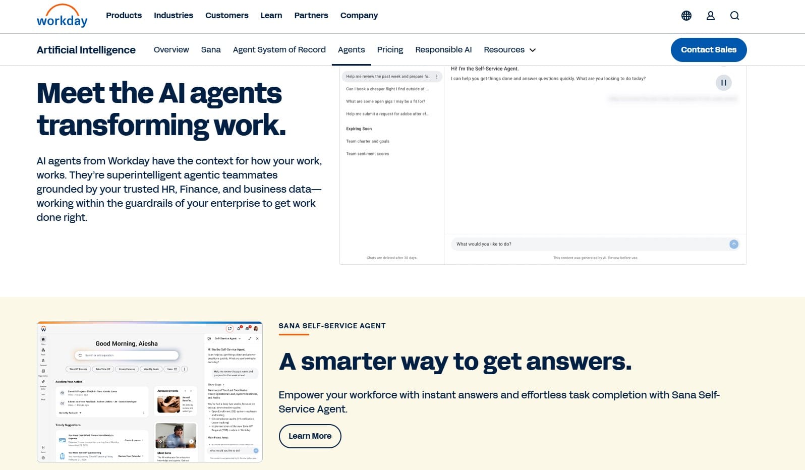 HR chatbots interface featuring Workday AI agents for employee self-service and workplace support.