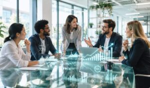 Diverse professionals collaborating in a modern office meeting with a technology-focused business environment.