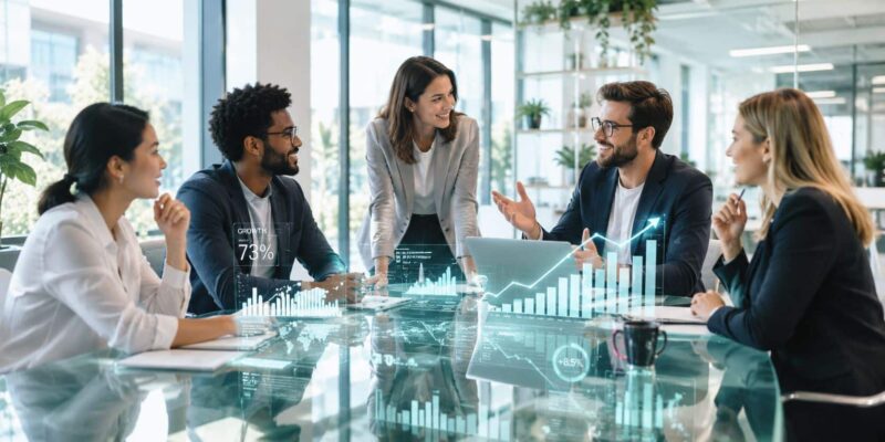 Diverse professionals collaborating in a modern office meeting with a technology-focused business environment.