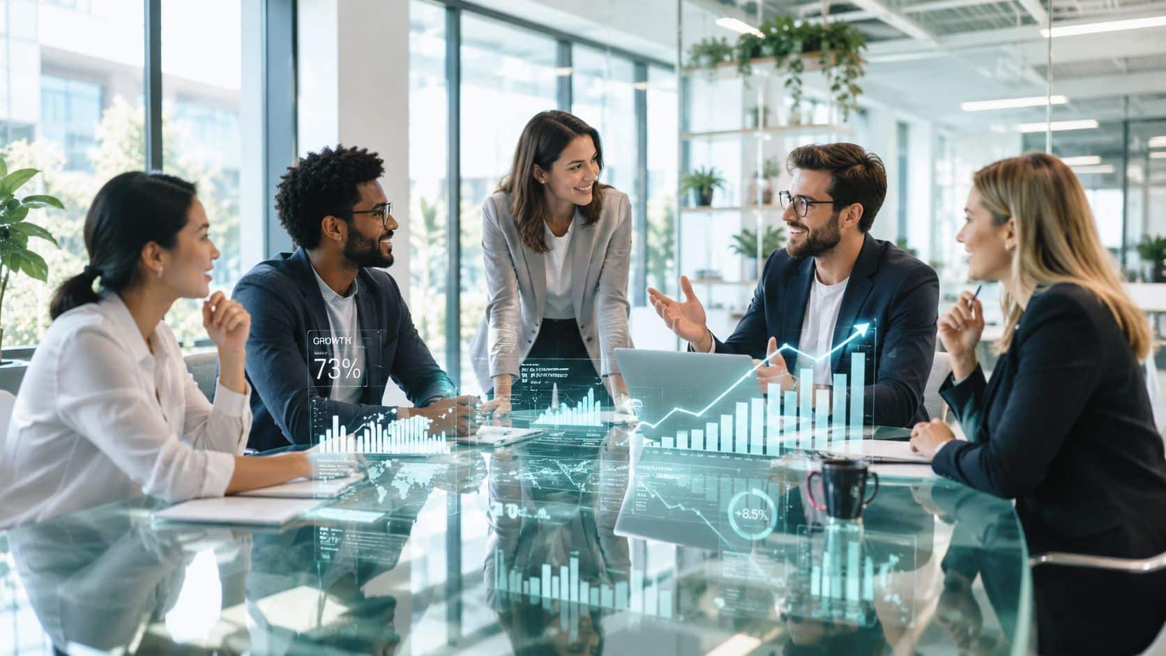 Diverse professionals collaborating in a modern office meeting with a technology-focused business environment.