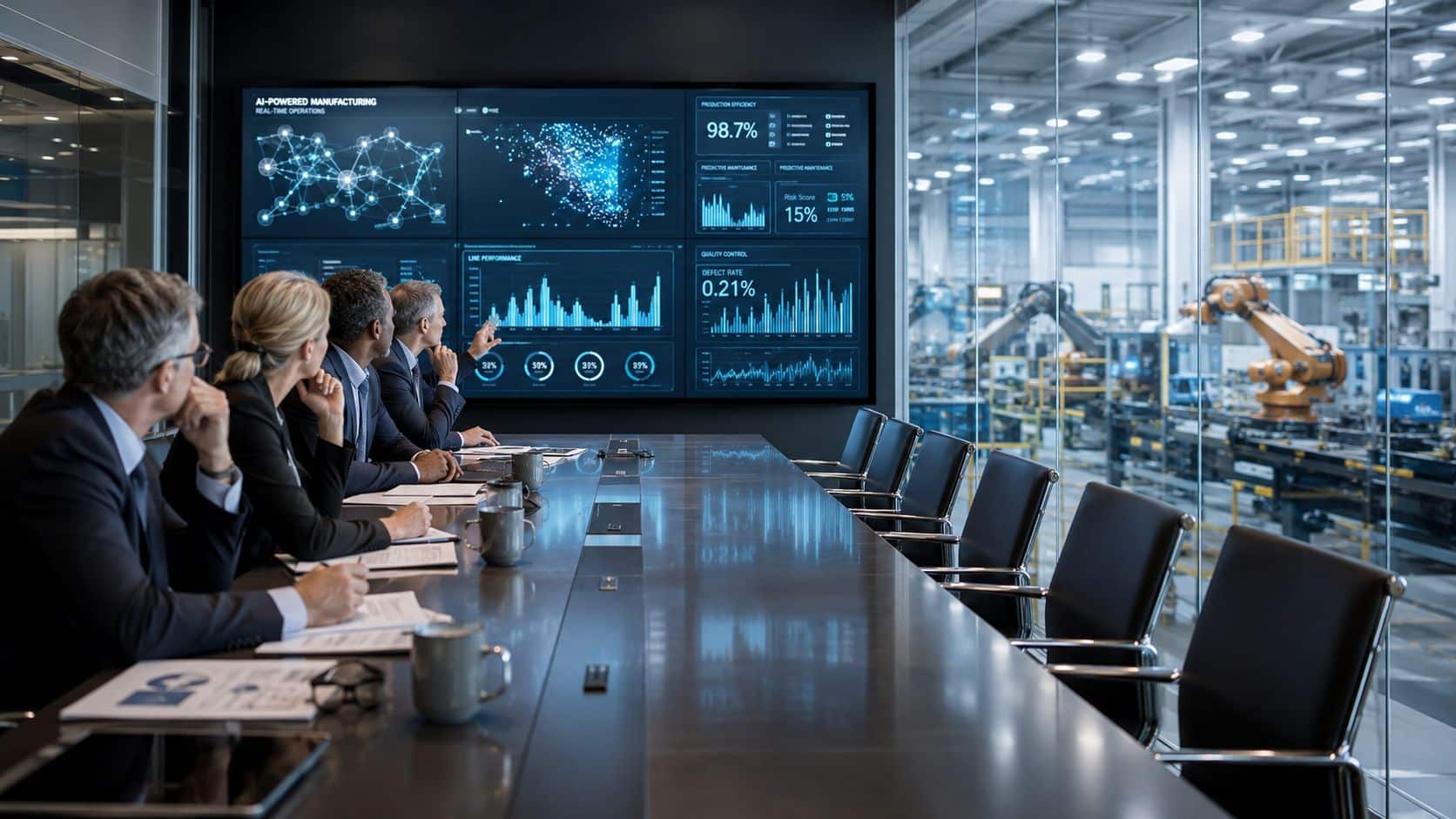 A team of professionals reviewing smart factory data analytics on a large wall screen in a conference room.