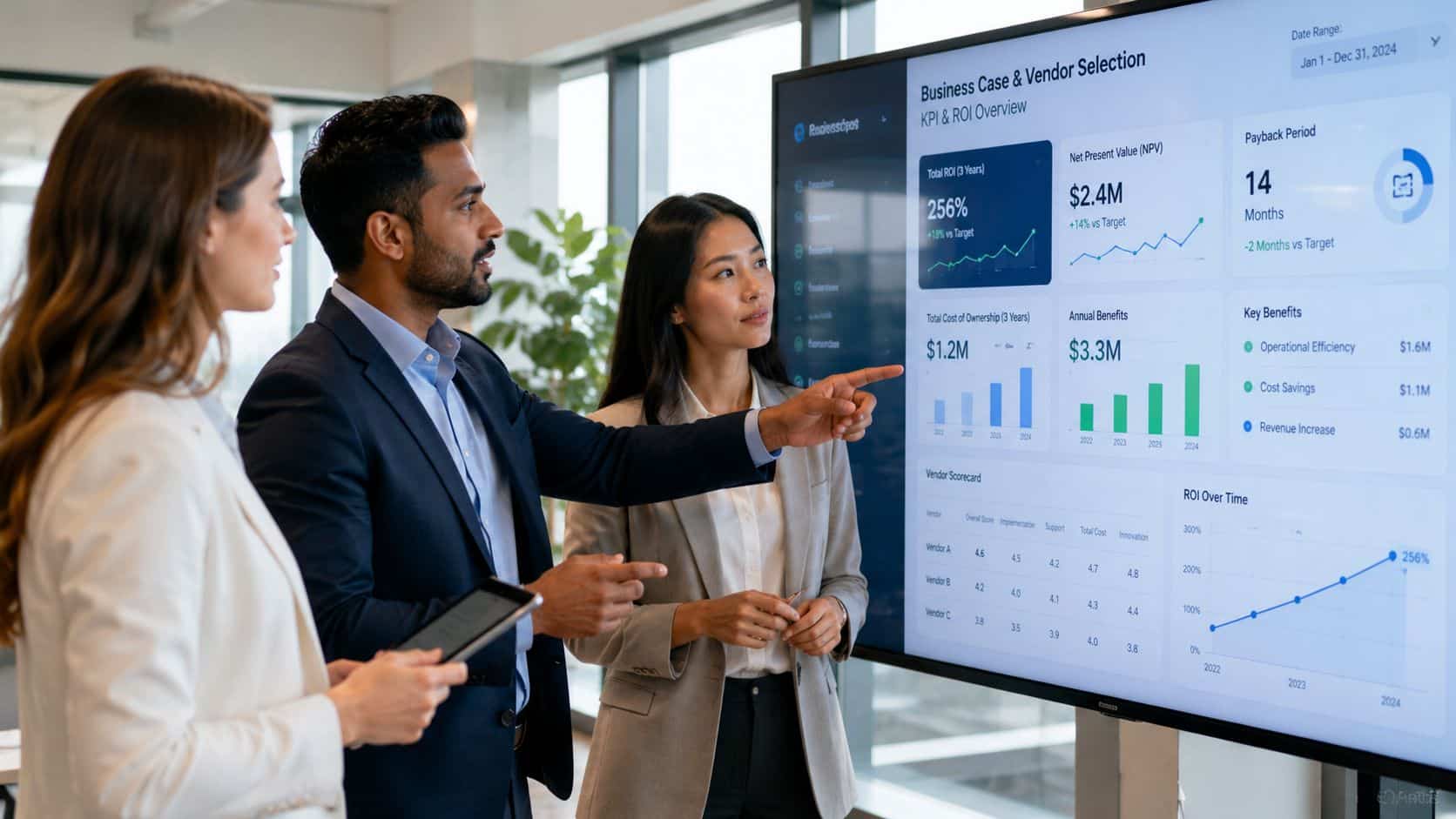 A professional team discussing business metrics and data analytics on a large interactive digital screen in office.