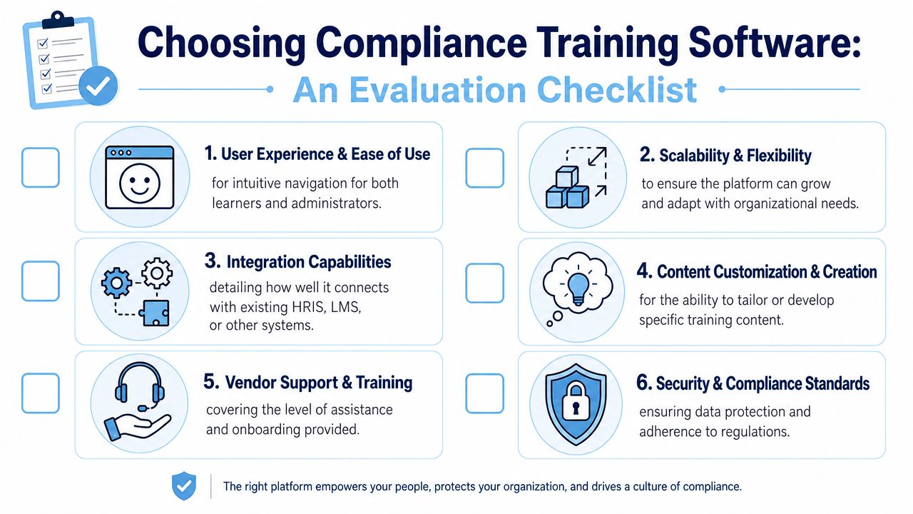 A helpful checklist infographic titled Choosing Compliance Training Software featuring six key factors for evaluating platforms.
