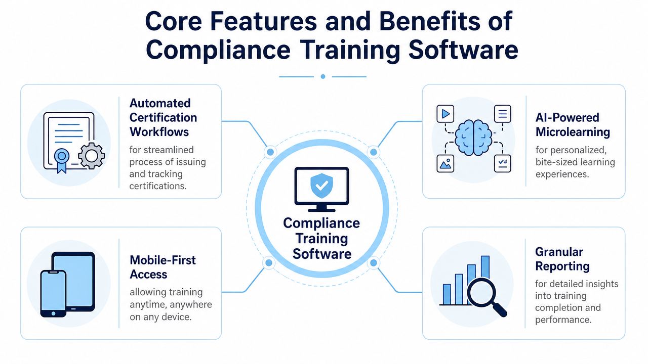 An infographic showing the four core features of compliance training software including automated workflows, mobile access, and analytics.