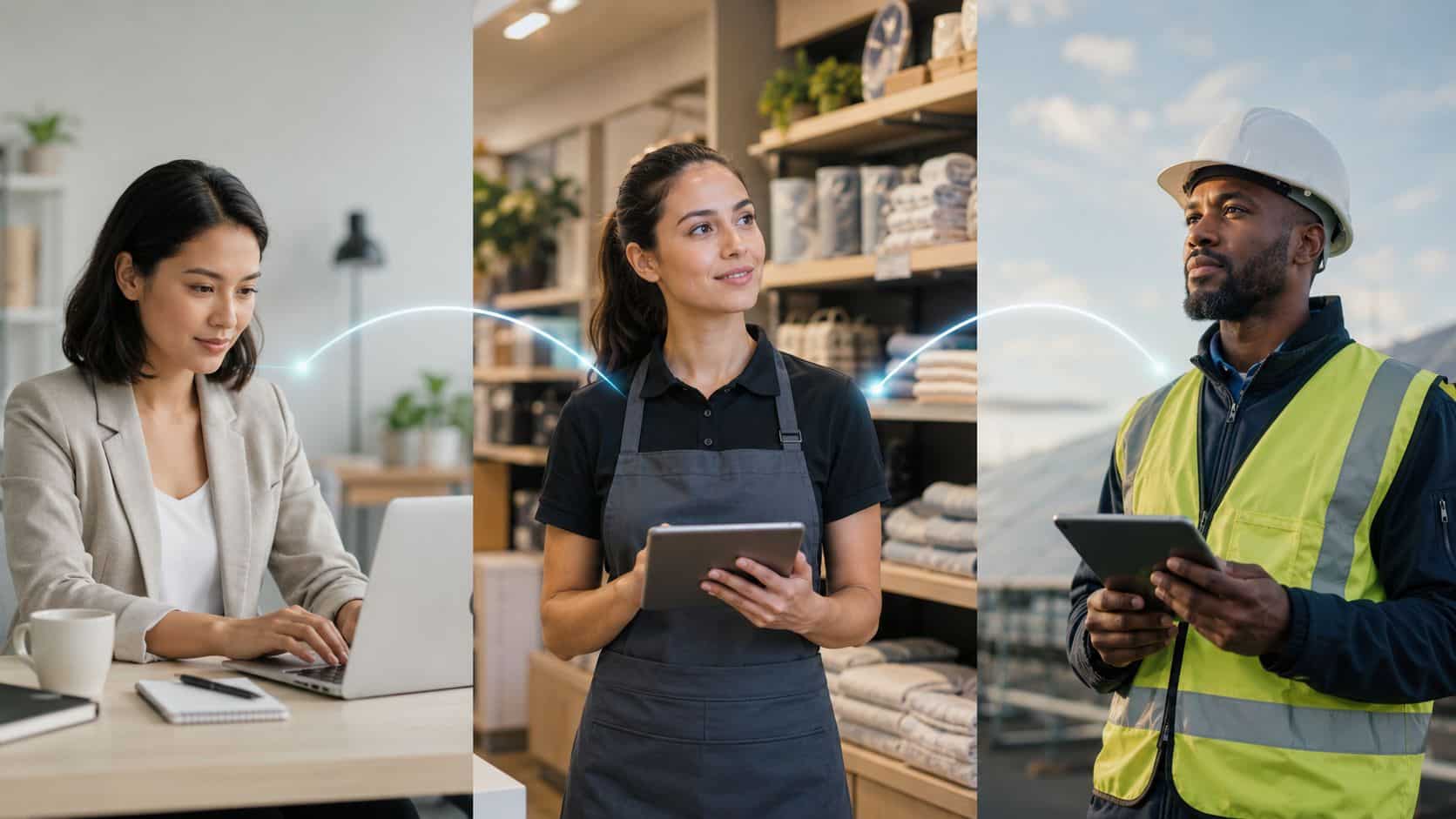 A split image showing a diverse workforce of an office worker, retail employee, and construction worker connected digitally.