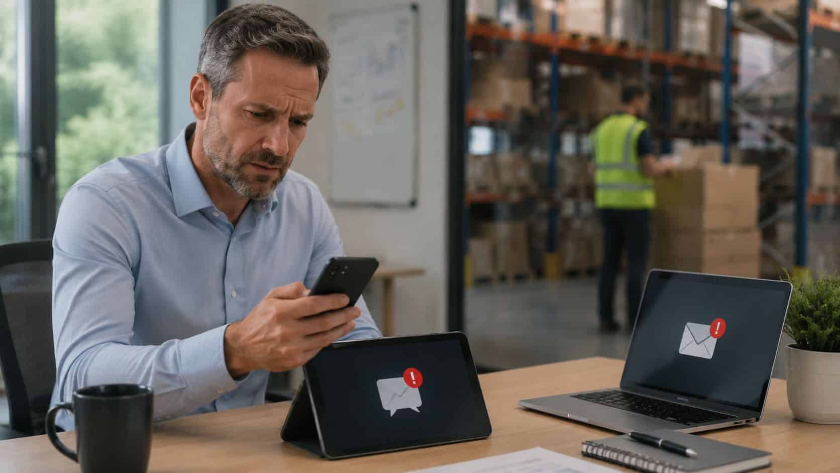 A concerned manager checking his phone while working in a warehouse office with urgent email notifications displayed.