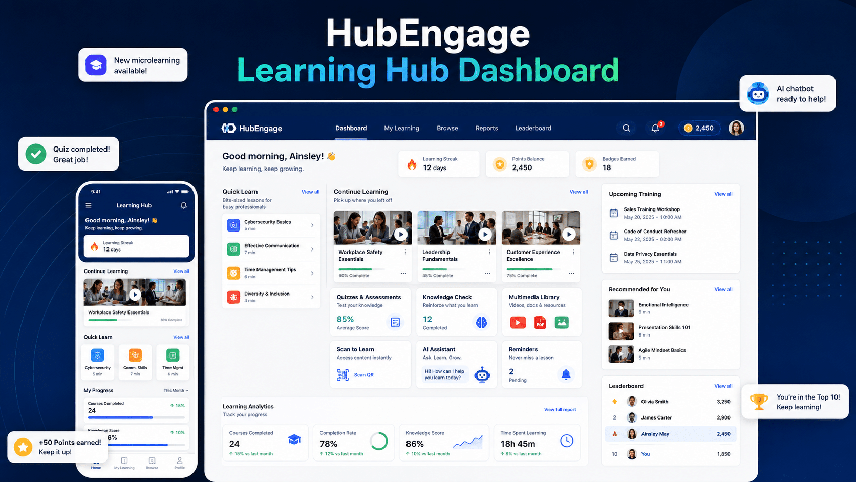 HubEngage employee learning hub dashboard showing microlearning modules, AI chatbot support, quizzes, analytics, leaderboard, and mobile learning access.
