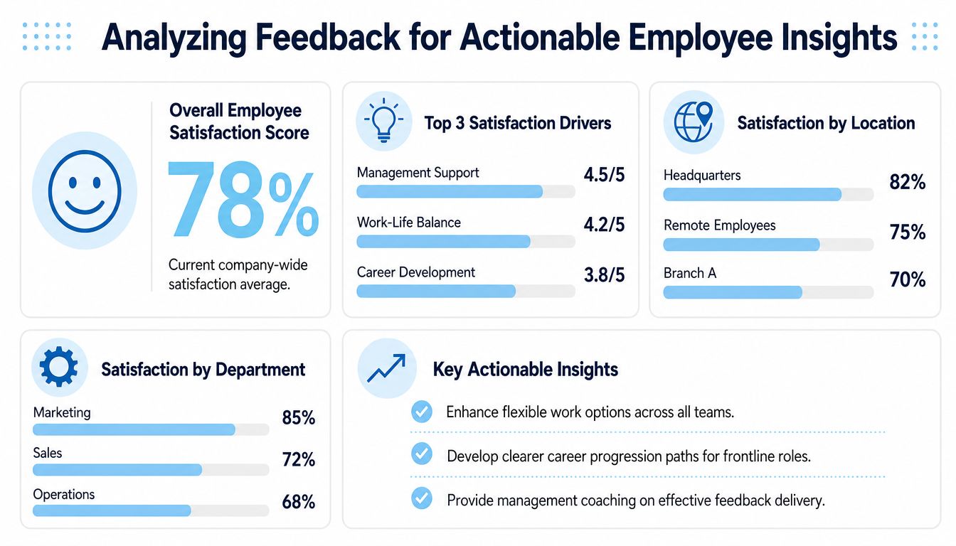 An infographic showing employee satisfaction metrics, including departmental scores, location analysis, and key actionable improvement insights.