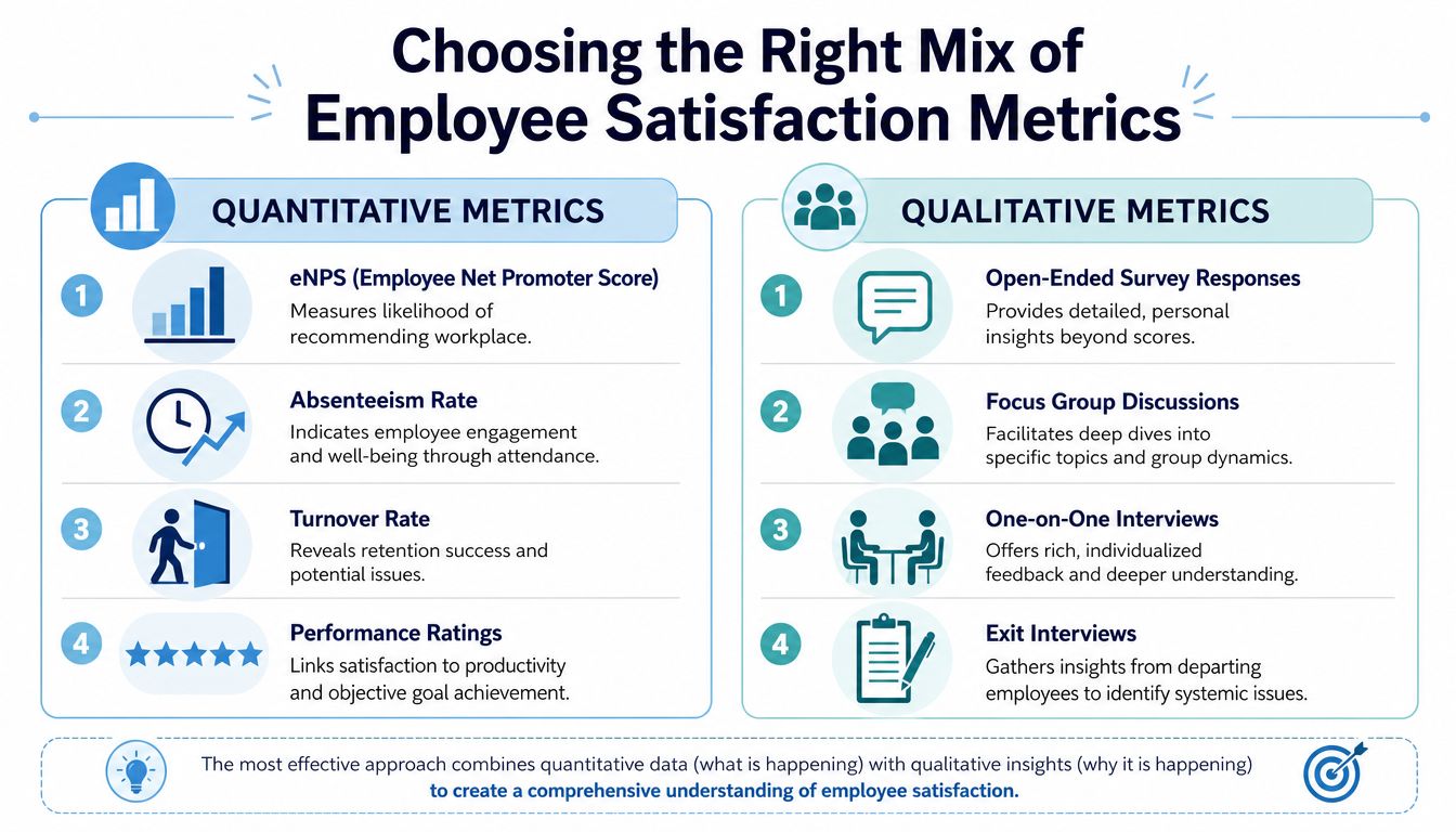 An infographic titled Choosing the Right Mix of Employee Satisfaction Metrics, showing quantitative and qualitative measurement methods.