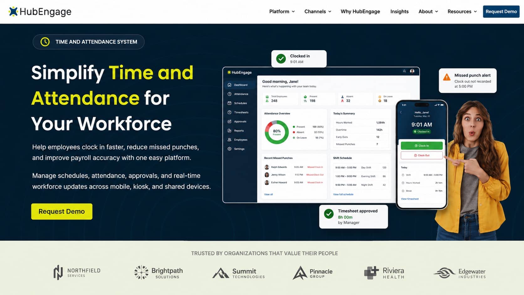 HubEngage time and attendance tracking dashboard with mobile clock-in, attendance monitoring, shift scheduling, and payroll-ready workforce management.