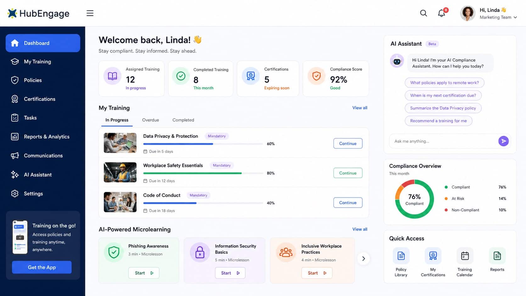 HubEngage compliance training software dashboard showing AI chatbot, microlearning, policy management, analytics, certifications, and mobile-first compliance training tools.