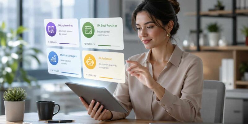 Employee using an AI-powered internal knowledge base on a tablet to access company policies, training resources, and workplace information.