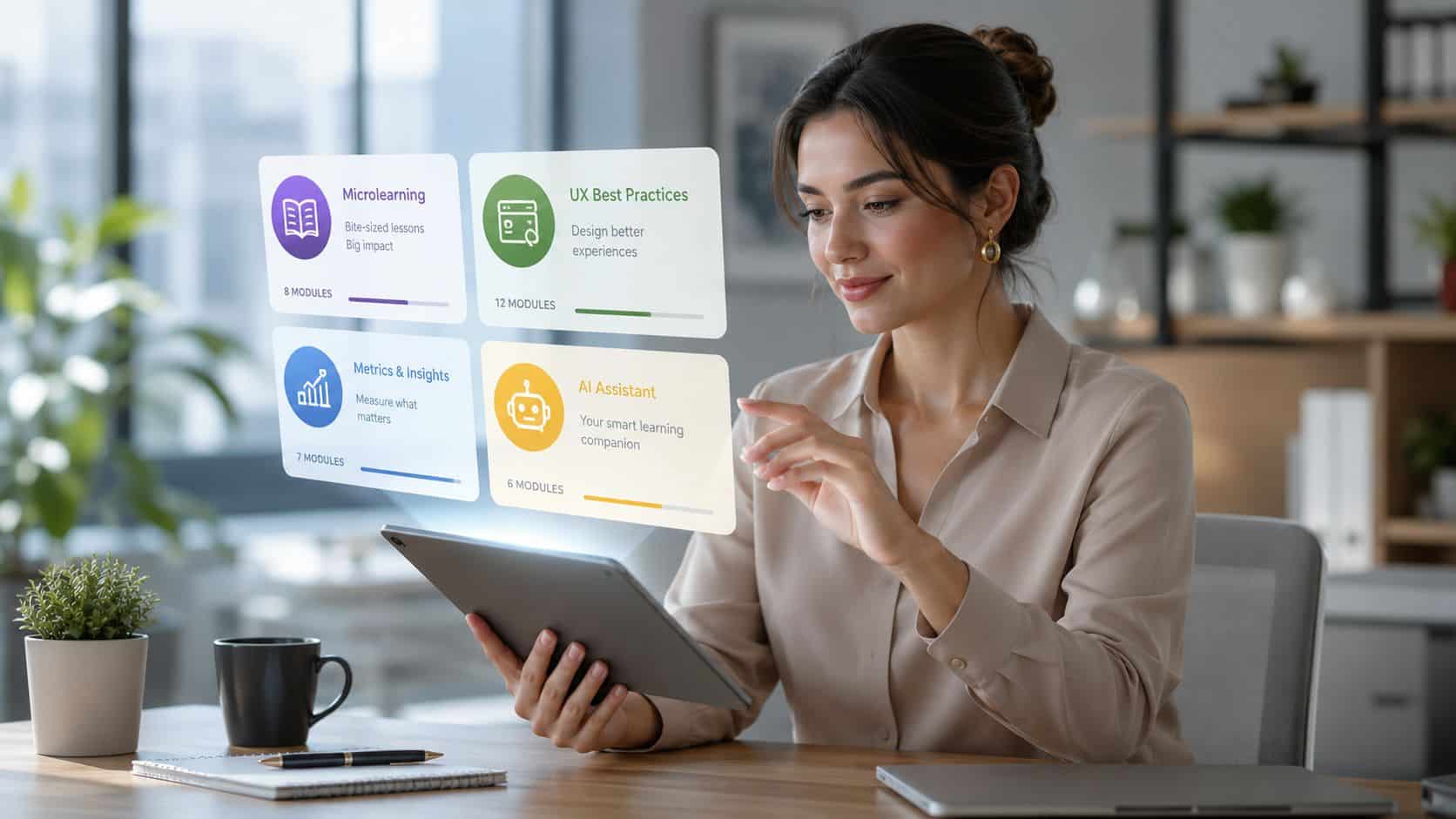 Employee using an AI-powered internal knowledge base on a tablet to access company policies, training resources, and workplace information.
