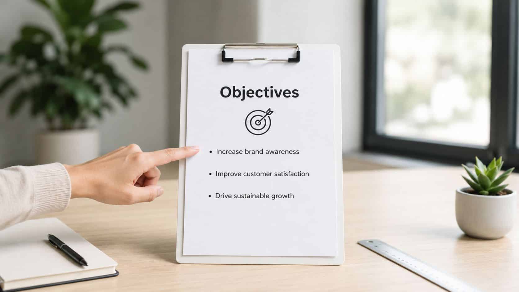 A hand pointing to a clipboard listing business objectives including brand awareness, customer satisfaction, and sustainable growth.