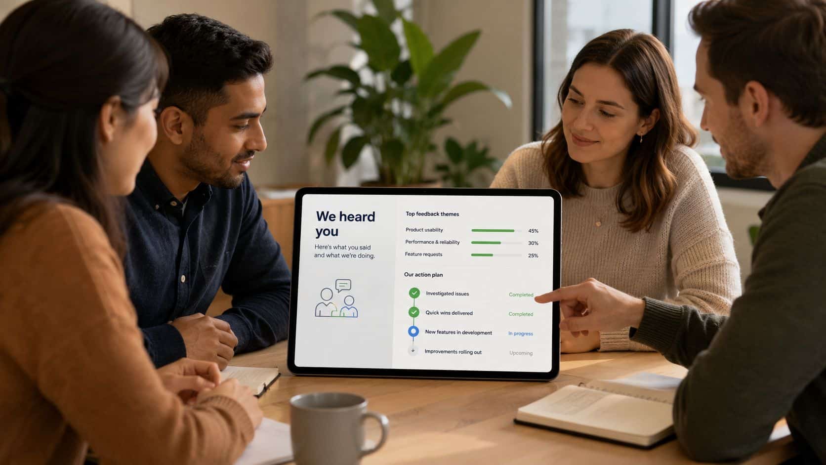 A diverse group of colleagues collaborating around a tablet displaying customer feedback survey results and action plans.