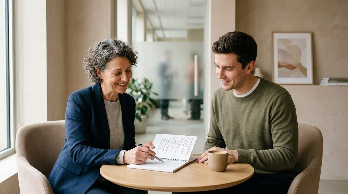 An older professional woman in a blazer consults with a young man over a career development plan.