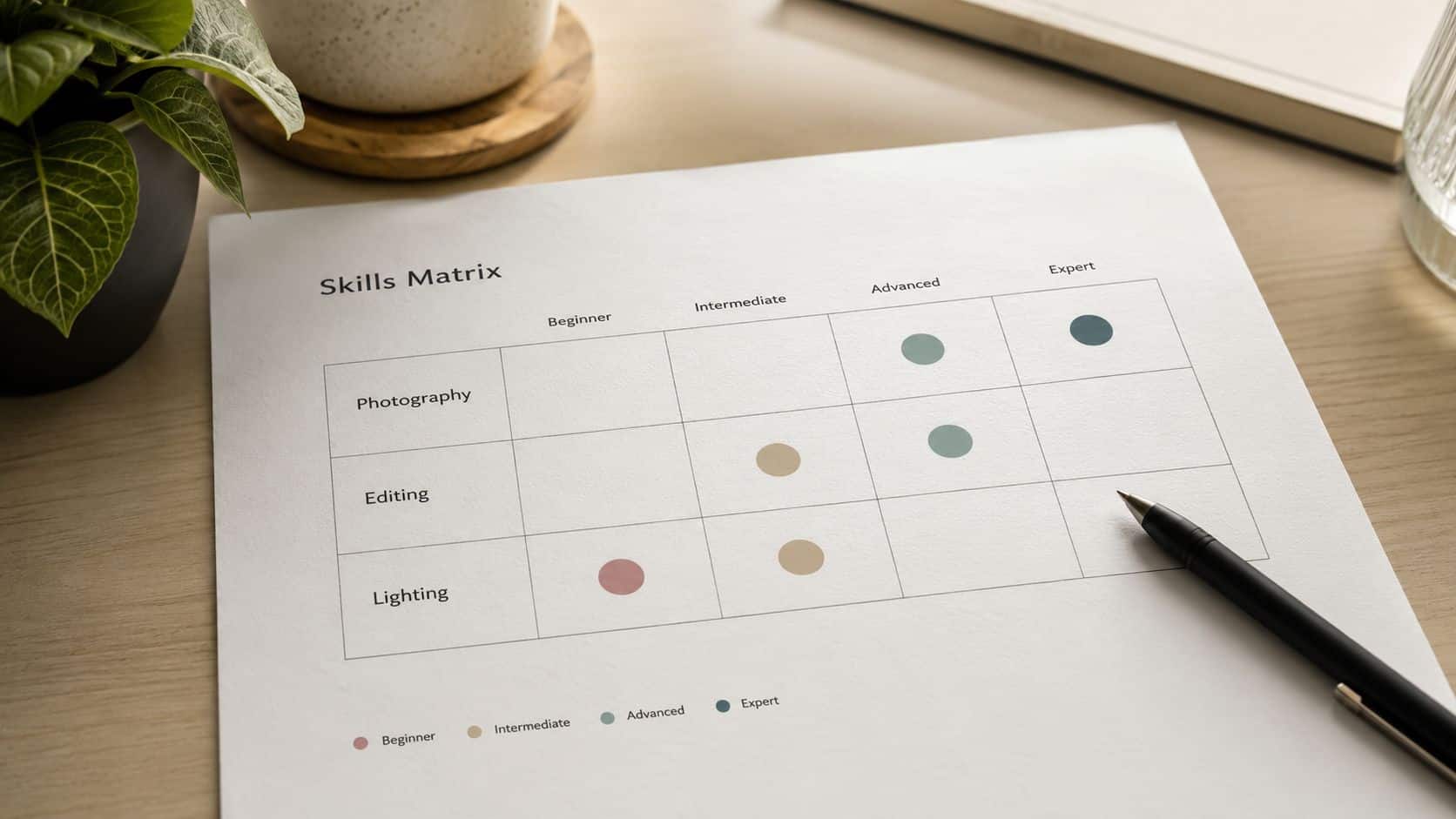 A close-up view of a Skills Matrix chart on paper with a pen resting nearby on a desk.