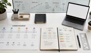 Career development planning roadmap with employee growth milestones, skills development, learning goals, and performance planning resources on a modern workspace desk.