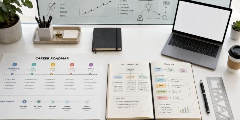 Career development planning roadmap with employee growth milestones, skills development, learning goals, and performance planning resources on a modern workspace desk.