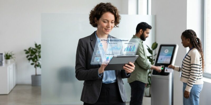 Employees using a digital workforce management platform for mobile time tracking, attendance, and employee scheduling in a modern workplace.
