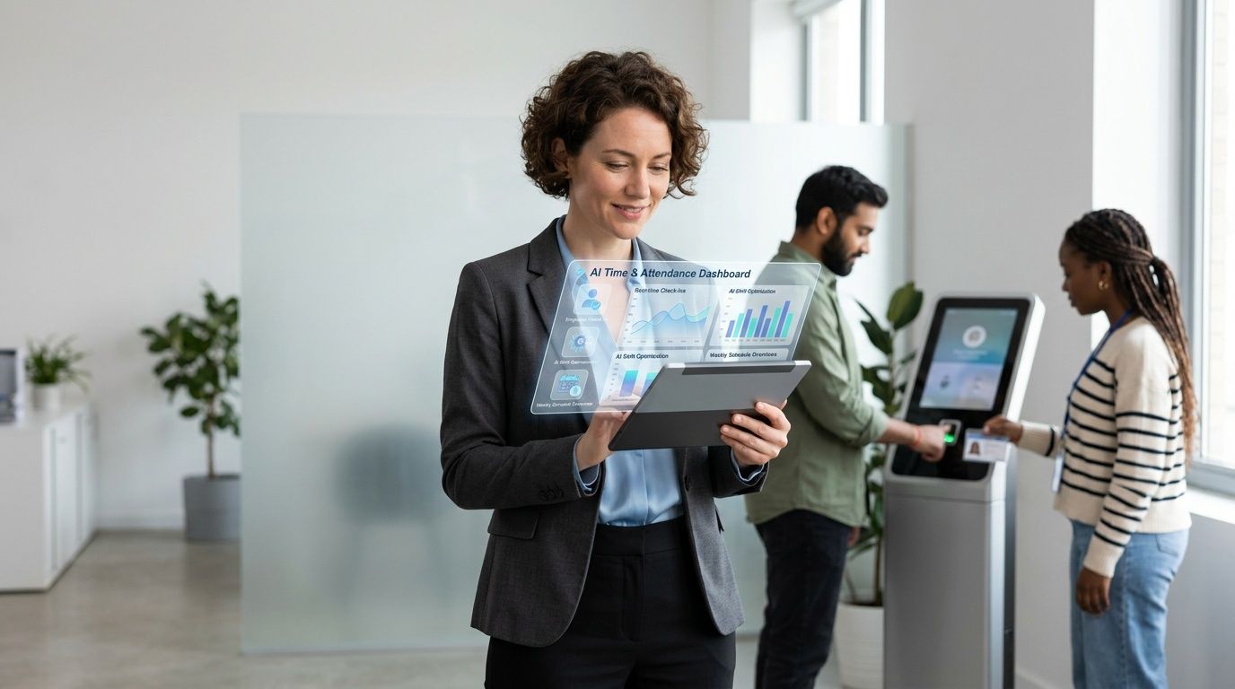 Employees using a digital workforce management platform for mobile time tracking, attendance, and employee scheduling in a modern workplace.