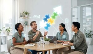 Team discussing career development and professional growth with puzzle pieces forming an upward arrow in a modern office.