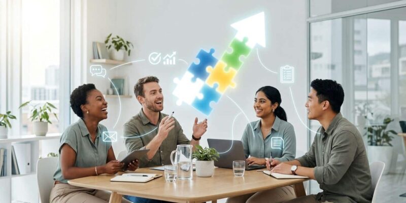 Team discussing career development and professional growth with puzzle pieces forming an upward arrow in a modern office.