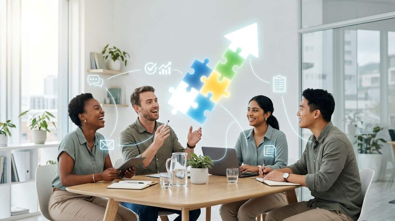 Team discussing career development and professional growth with puzzle pieces forming an upward arrow in a modern office.