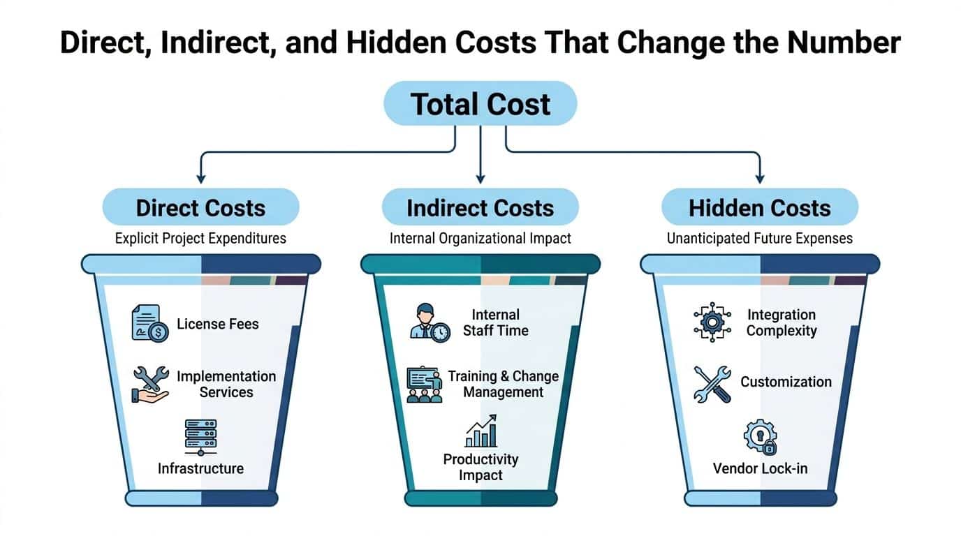 A diagram breaking down Total Cost into three categories: direct, indirect, and hidden organizational project costs.
