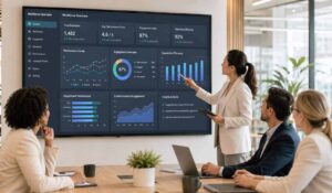 leader showing her team what is workforce analytics dashboard and how it works
