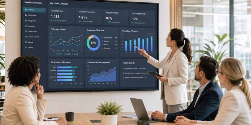 leader showing her team what is workforce analytics dashboard and how it works