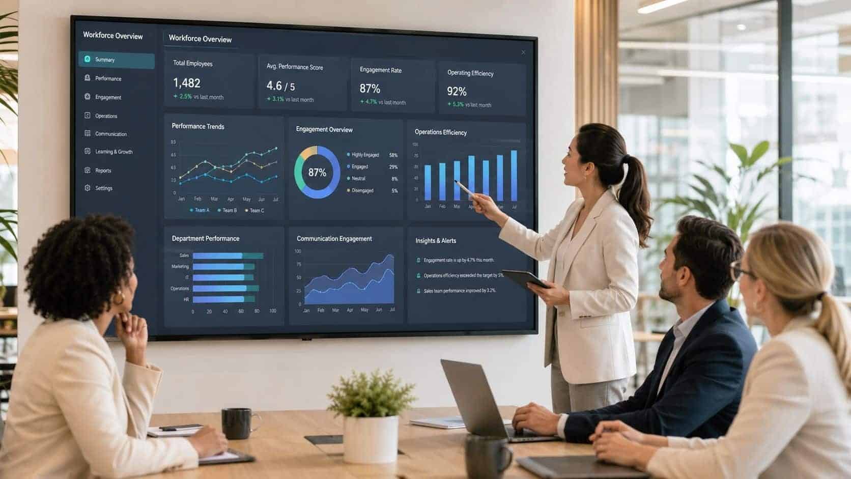 leader showing her team what is workforce analytics dashboard and how it works