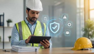 frontline employee checking Workplace Health And Safety Regulatory Compliance standards on a tablet
