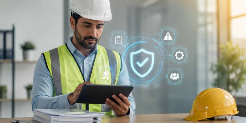 frontline employee checking Workplace Health And Safety Regulatory Compliance standards on a tablet