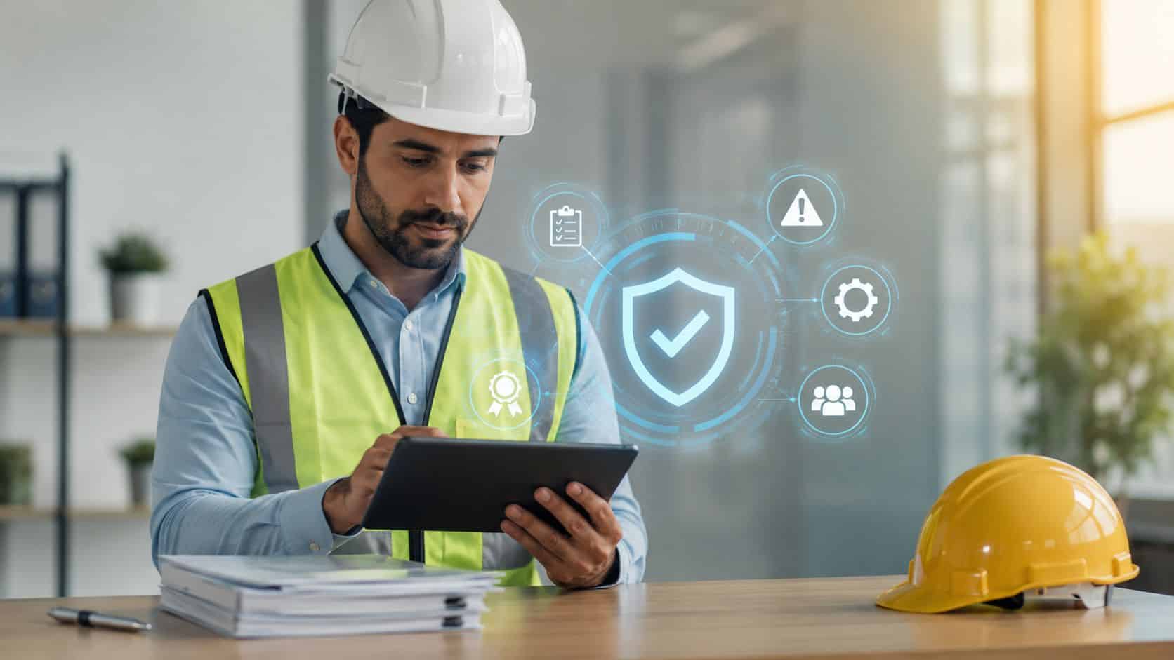 frontline employee checking Workplace Health And Safety Regulatory Compliance standards on a tablet